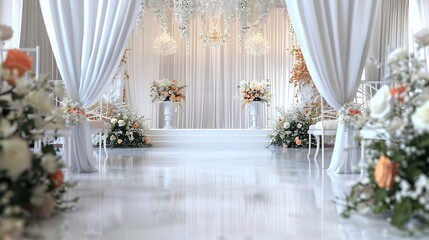 A beautifully decorated wedding hall featuring elegant chandeliers, floral arrangements, and white drapes on a pristine white background.