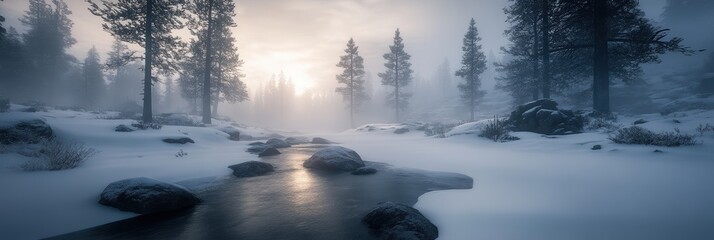 雪に覆われた森の中で静かに流れる小川と霧に包まれた冬の風景