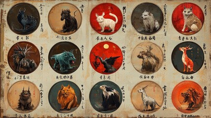 Fototapeta premium Traditional illustrations of mythical animals in circular frames