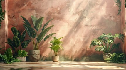 Peaceful and serene indoor setting with a lush collection of tropical plants and foliage bathed in soft natural sunlight streaming through a window