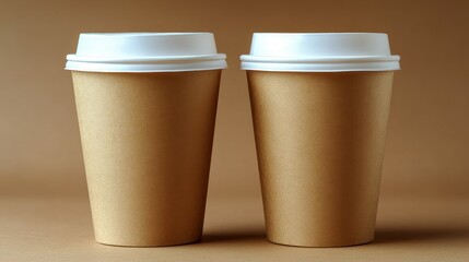 Two simple kraft paper coffee cups are sitting next to each other on a clean, smooth surface. The cups have white lids and a plain, natural design, creating a minimalistic aesthetic