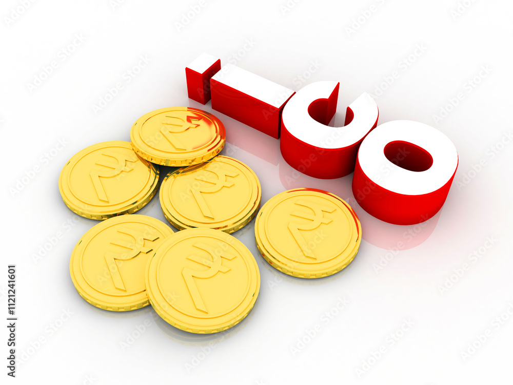 Aufkleber 3d rendering initial coin offering with indian rupee in gold coin