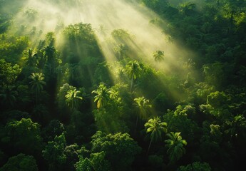 Obraz premium Ethereal Light Streaming Through Lush Green Forest Canopy with Tropical Trees, Evoking Serenity and Tranquility in Nature's Vibrant Landscape