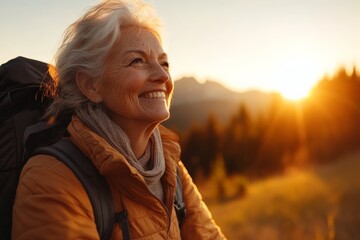 Smiling elderly woman with backpack enjoys sunset during mountain hike in autumn