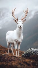 Obraz premium A majestic white deer with perfect antlers, on the mountain and beautiful rainy scenery