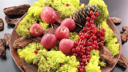 Apples, currants scattered on green moss, apples beside pine cone, rustic wood enhances autumn...