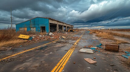 Obraz premium Industrial Area with Collapsed Structure and Overcast Sky