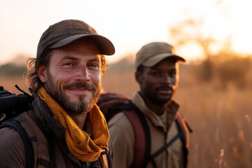 Obraz premium Adventure in the savannah with wildlife enthusiasts at sunset in Africa