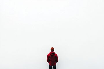 Fototapeta premium Lone individual in a red jacket standing against a vast white background signifies solitude and introspection.