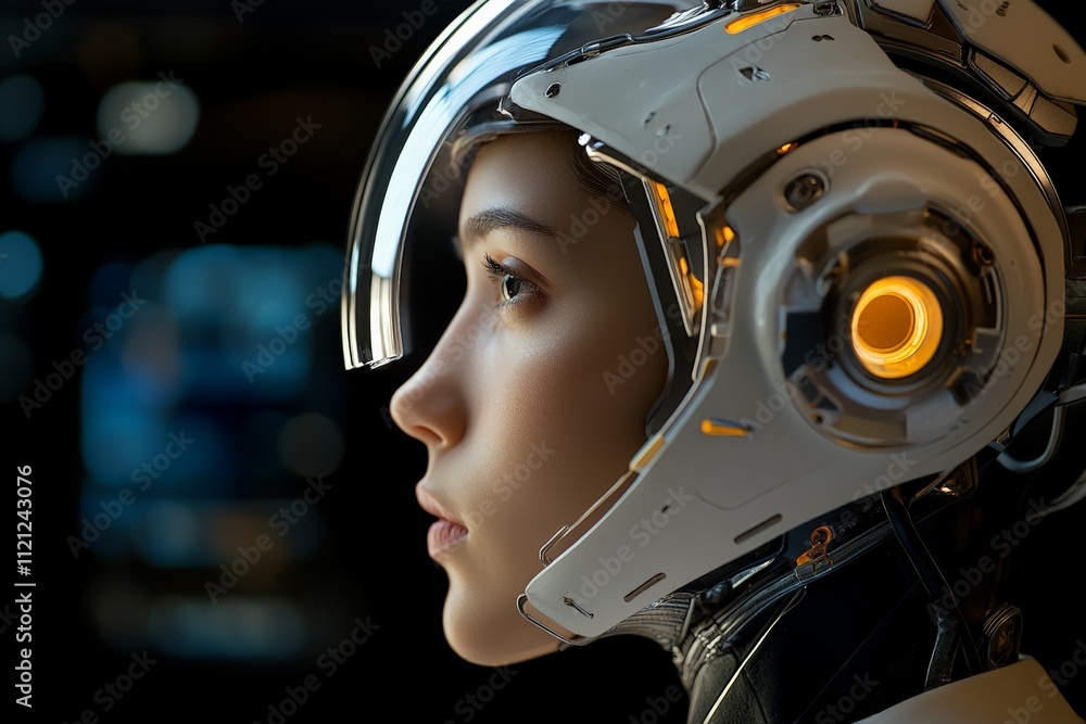 Poster close-up view of a futuristic woman wearing a high-tech helmet showcasing advanced robotics and desi