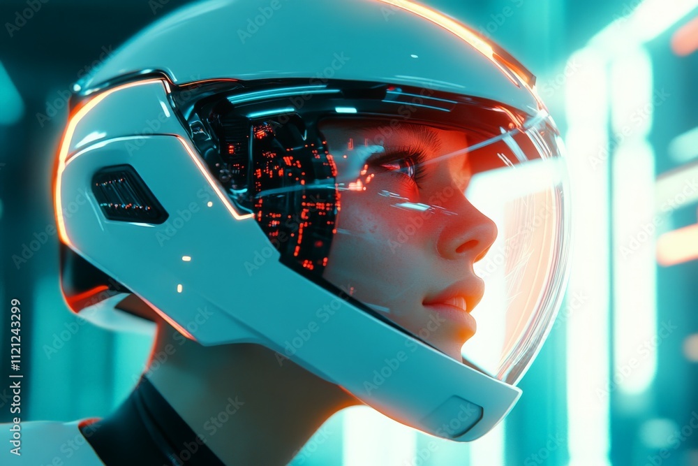 Poster futuristic character in a sleek helmet illuminated by neon lights in a high-tech environment during 