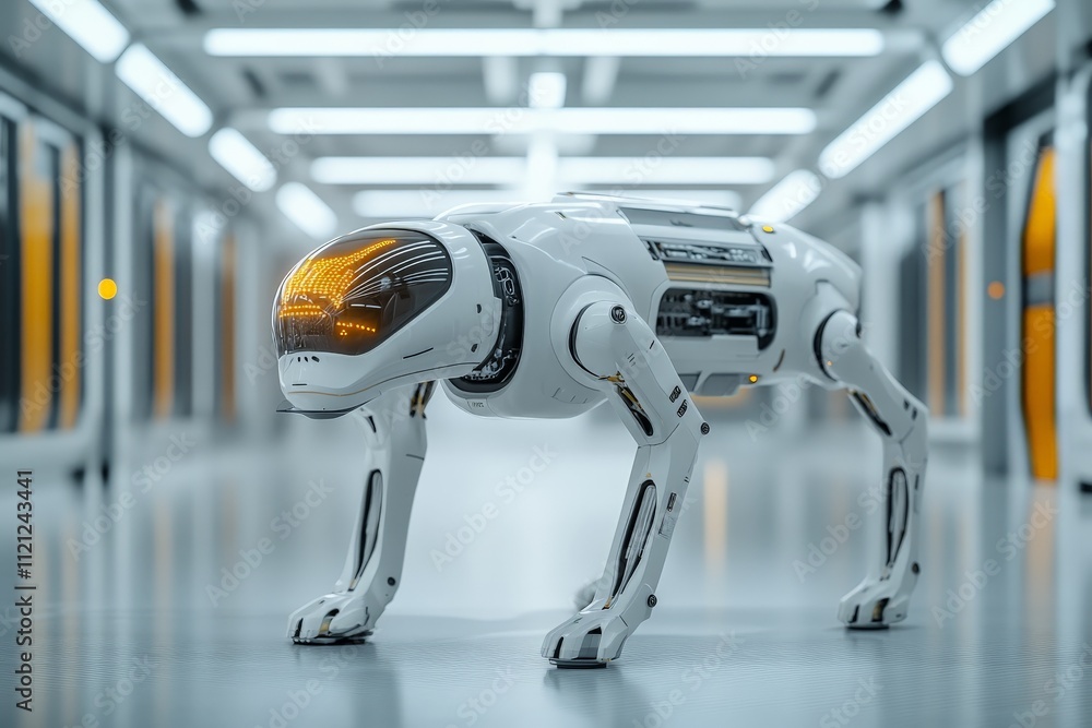Poster robot dog exploring a futuristic corridor in a high-tech environment with sleek design and bright li