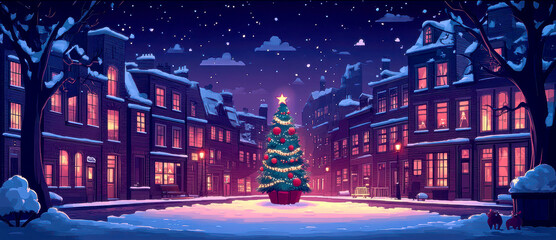 city on New Year's Eve, Christmas tree in the middle AI generative.