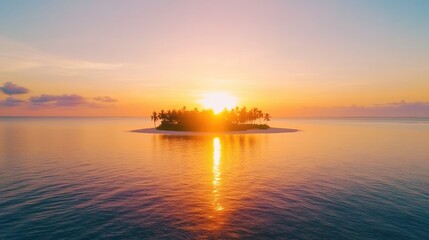 Naklejka premium Serene Sunrise Over Tropical Island Surrounded by Calm Waters and Palm Trees Reflecting in Golden Light