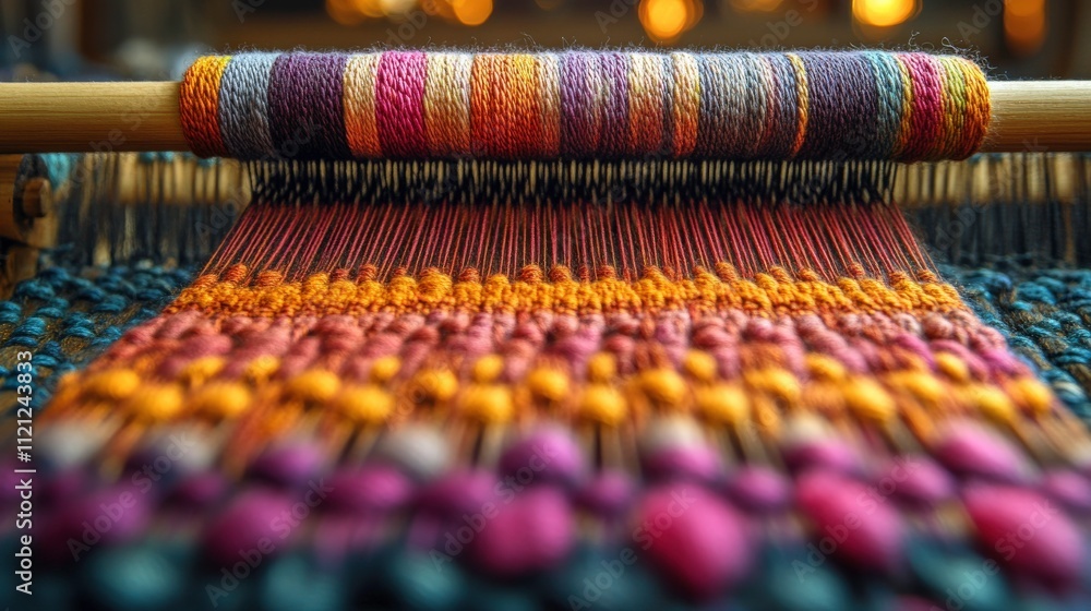 Poster close-up view of colorful threads on traditional loom creating vibrant patterns and textures for art