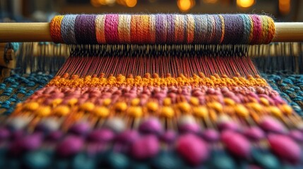 Close-Up View of Colorful Threads on Traditional Loom Creating Vibrant Patterns and Textures for Artisan Textile Production in a Craft Workshop