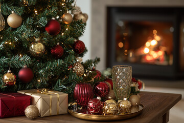 Decorated Christmas tree with gifts and cozy fireplace
