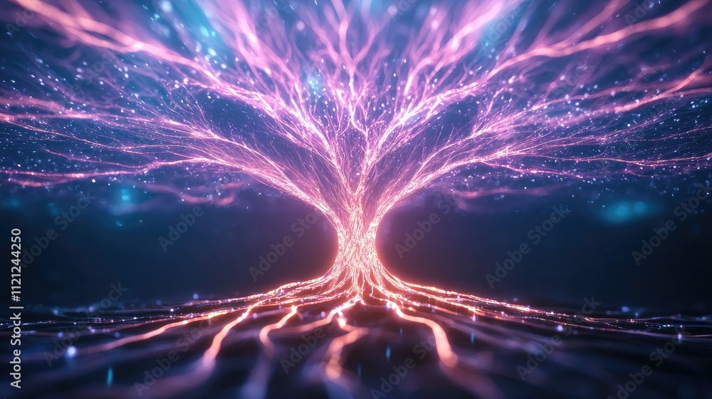 Poster artistic representation of a neon tree with vibrant branches and energy flowing through its roots in