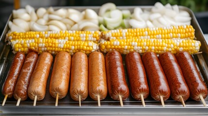 Grilled Sausage Skewers with Vegetables and Corn - Tasty Barbecue Food