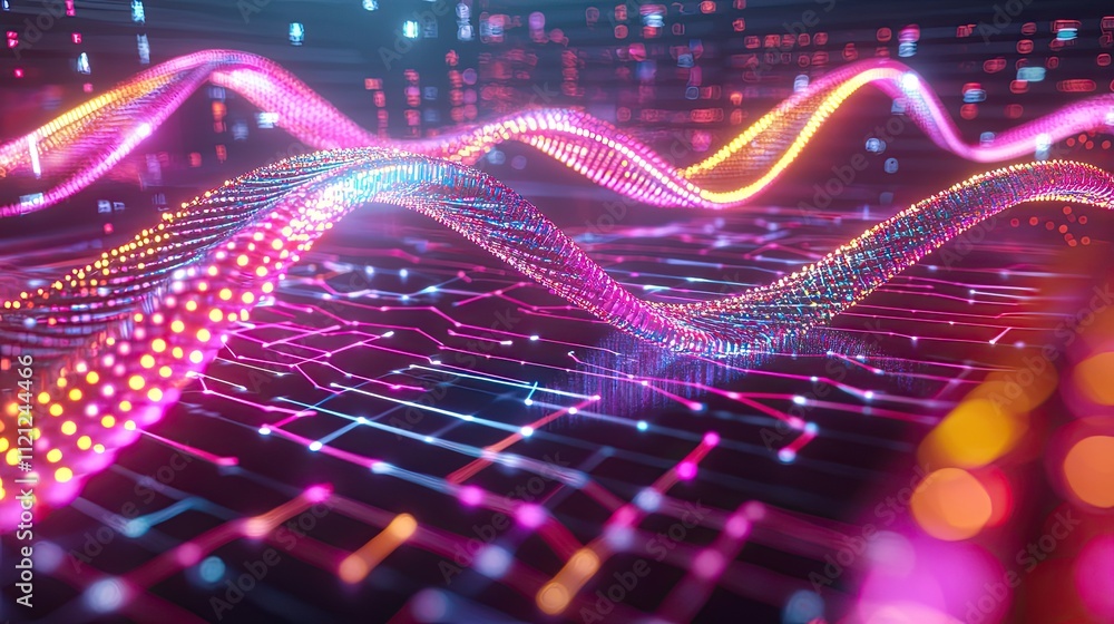 Poster vibrant digital waves in neon colors over a circuit board background for technology and innovation c