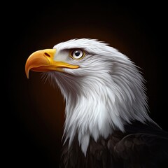 Obraz premium Majestic Profile of a Bald Eagle with Sharp Eyes and Bright Yellow Beak Against a Dark Background