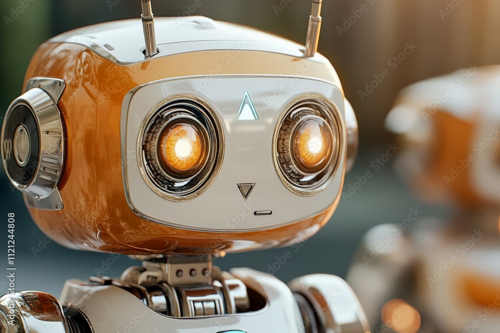 Poster cute robotic characters with expressive eyes and shiny surfaces captured in a futuristic environment