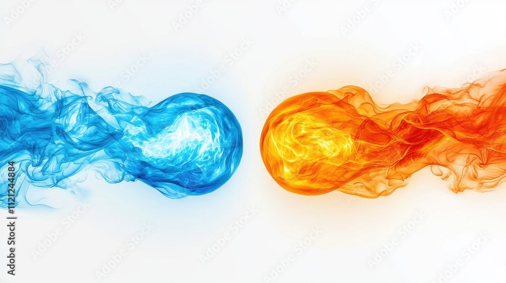Poster abstract smoke puffs representing fire and water elements in dynamic motion with bright colors and f