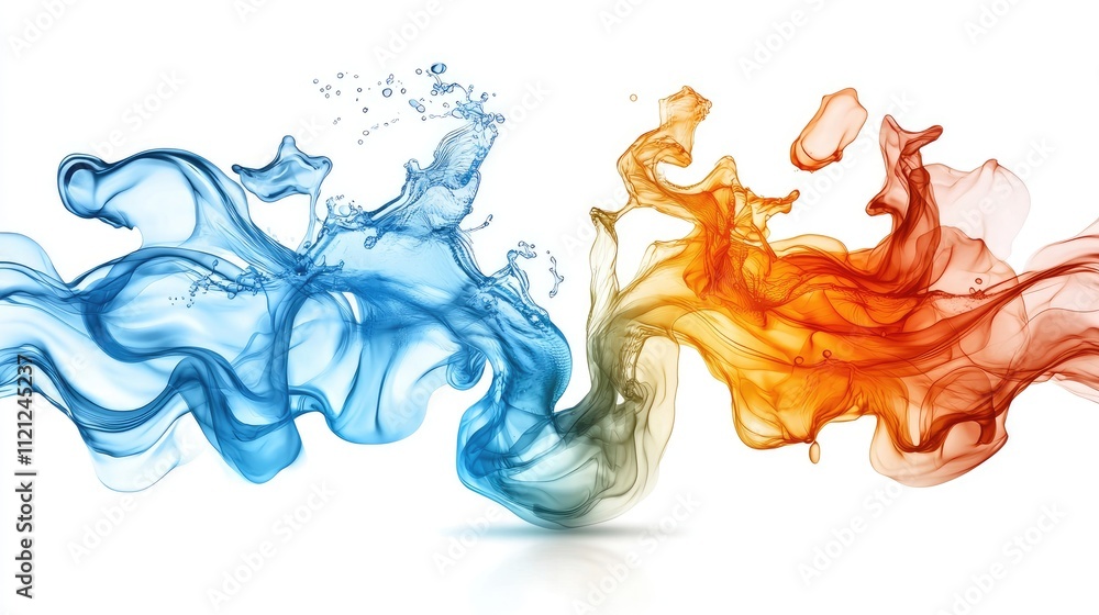 Poster fluid dynamics with colorful blue and orange liquid swirls creating an artistic and vibrant visual e