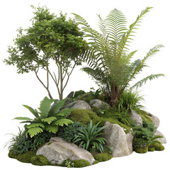 Tropical plant fern moss bush tree jungle stone isolated on a transparent background