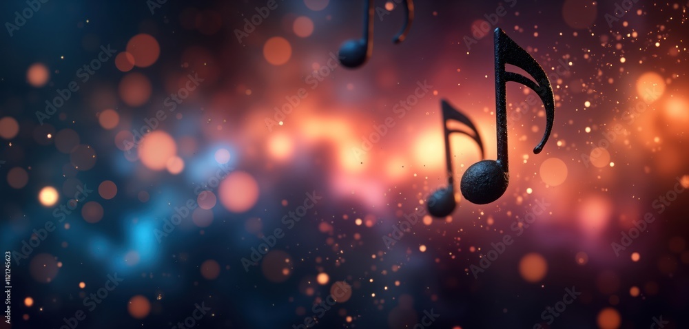 Poster abstract image shows music notes floating in spacey background. blurry lights, glowing particles cre