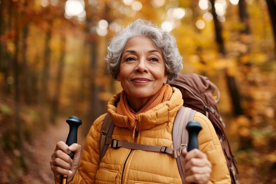 Elderly woman enjoying a hike in a vibrant autumn forest with hiking poles and a warm jacket