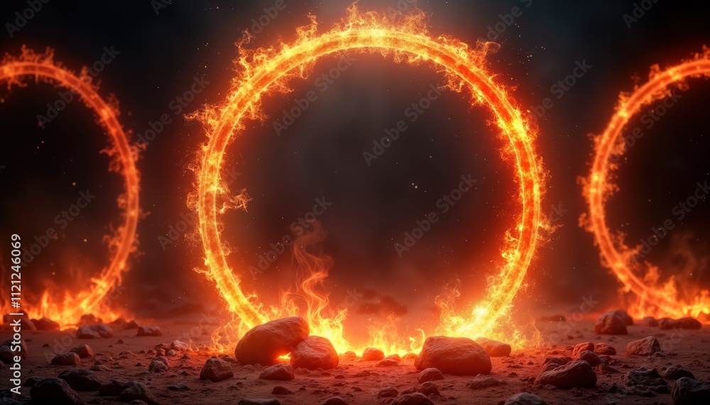 Poster fiery rings, rhombuses create powerful portal effect. flaming hoops of light surround space portal h
