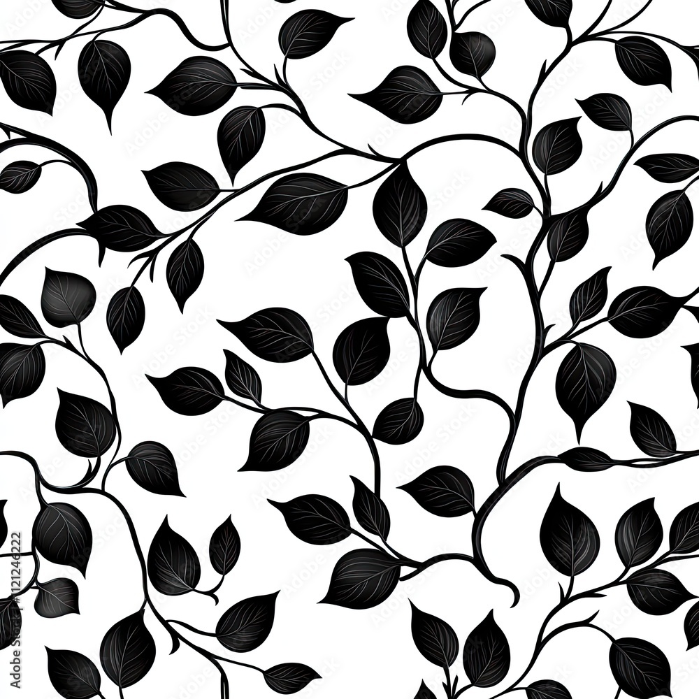 Poster elegant black and white leafy pattern with decorated vines on clean background for modern design pro