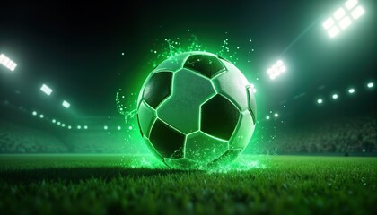 Fototapeta premium Illuminated soccer ball glows vibrant green on rich green field in stadium. Night game. Top players attracted to growing Saudi Arabia league. Dynamic scene. Exciting sports photo. High tech