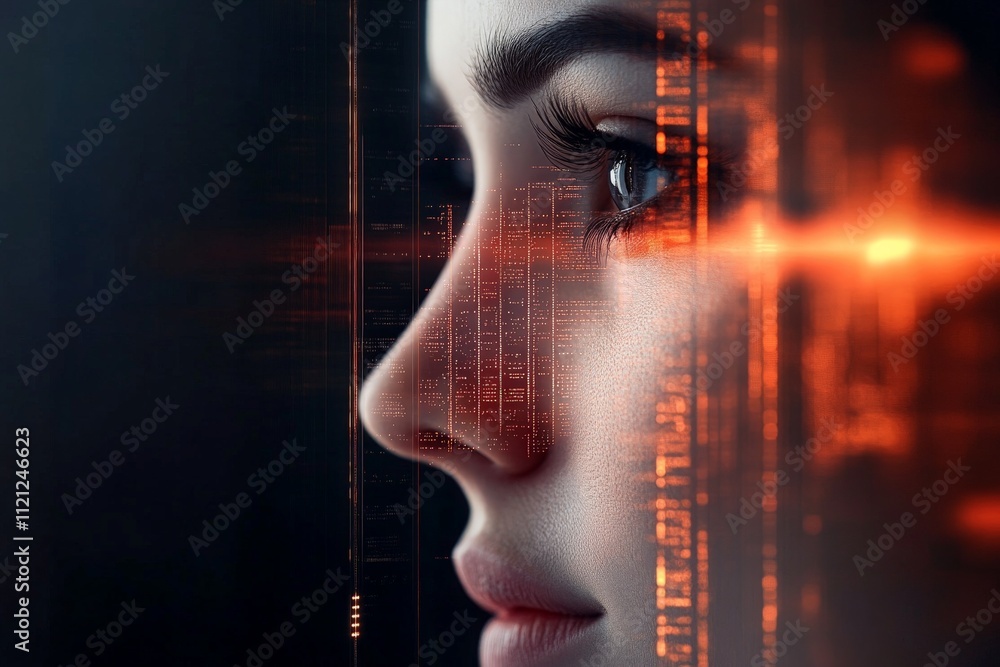 Poster close-up profile of a woman with illuminated data patterns in a dark environment, blending technolog