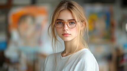 A young woman with long hair and glasses stands in a bright studio surrounded by vibrant artwork. She exudes a calm and contemplative demeanor while looking directly at the viewer