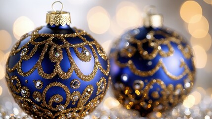 Two elegant blue Christmas ornaments adorned with gold designs sit in front of a soft, glowing background of warm holiday lights, capturing the spirit of the season