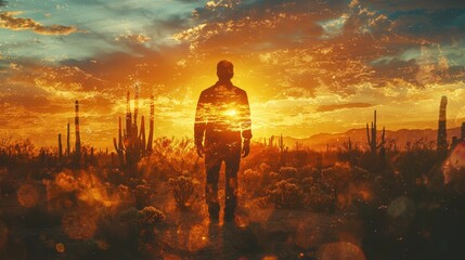 Fototapeta premium Artistic Double Exposure of Photographer Silhouette Against Vibrant Sunset in Desert Landscape