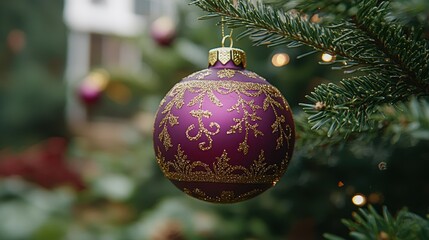 A vibrant purple ornament adorned with golden patterns decorates a Christmas tree in a lush garden. Twinkling lights enhance the festive atmosphere during the holiday season