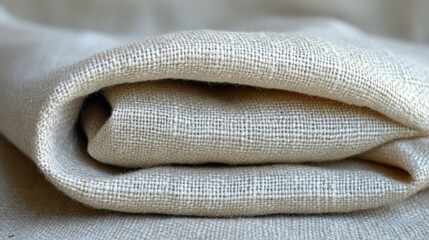 A soft linen fabric is neatly rolled up, revealing its natural texture and light beige color. The fabric rests against a simple backdrop, highlighting its organic quality and craftsmanship