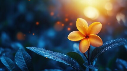 A vibrant orange flower stands out against a backdrop of dark green foliage. Morning sunlight casts a warm glow, creating a serene atmosphere filled with dew-covered leaves