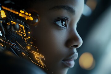 Young girl with futuristic digital overlay engaged in creative thought in a modern setting