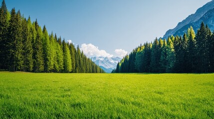 Fototapeta premium Lush green meadow embraced by forests and majestic mountains