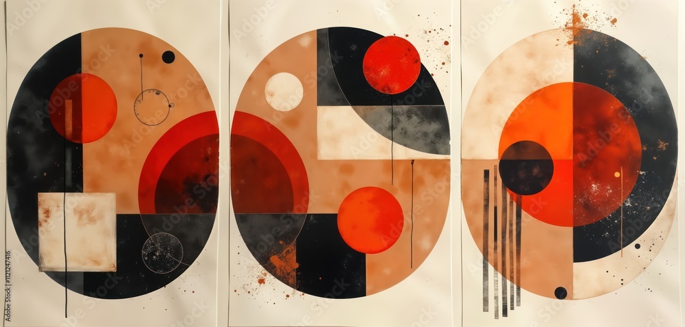 Poster abstract circular design with delicate hues. vintage charcoal style painting. geometric shapes in di