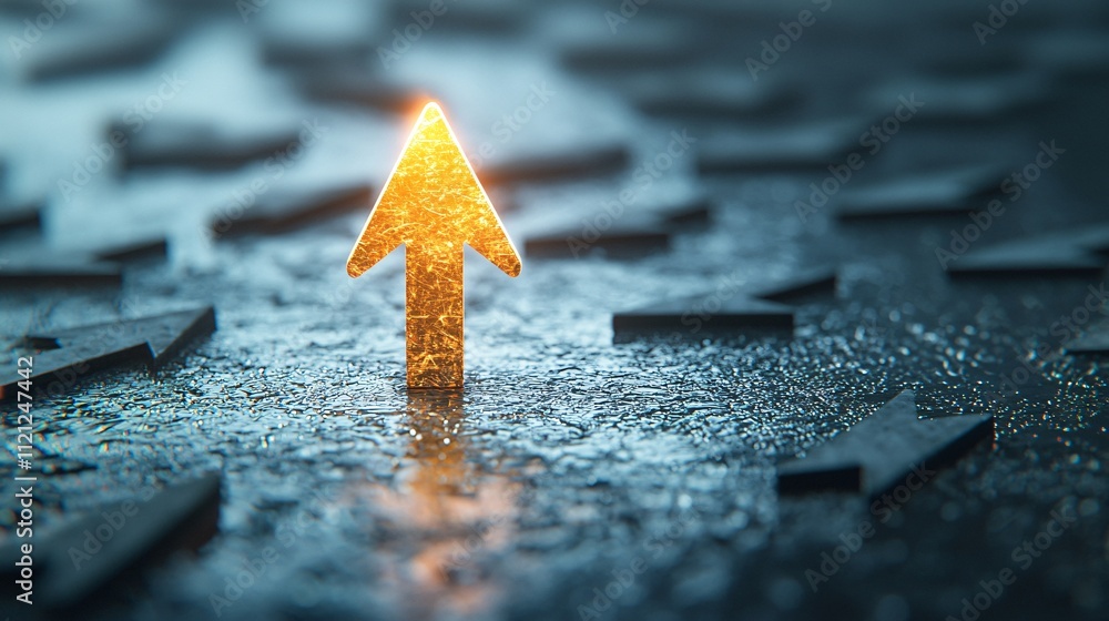 Poster golden arrow pointing upward on a textured surface with other arrows in the background.