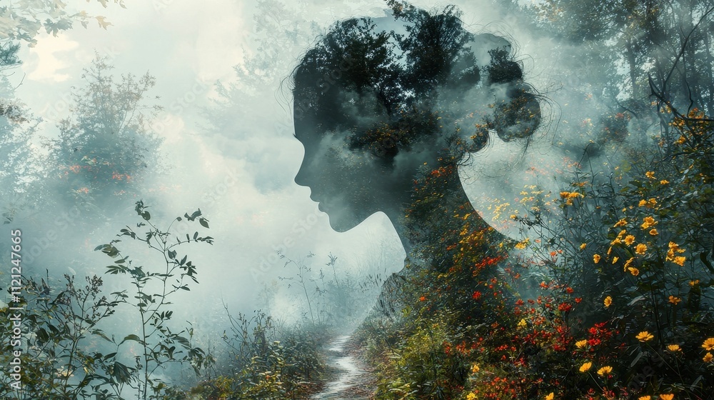 Poster artistic double exposure of a writer's profile with nature elements and soft textures