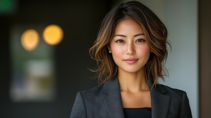 A confident businesswoman stands smiling in a modern office space. Soft daylight illuminates her as she wears a stylish tailored blazer, exuding professionalism and poise