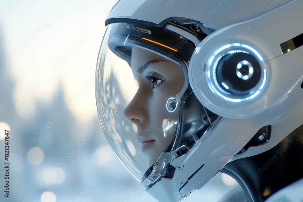 Poster futuristic robot with a sleek helmet and illuminated details gazes into the distance in a sci-fi lan