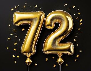 Gold birthday / anniversary balloon, number 72, black background with confetti