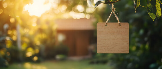 Light Wooden Nameplate Hanging on a Tree Branch in a Natural Outdoor Setting, Rustic and Elegant Sign for Home or Business